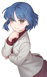  1girl absurdres alternate_costume black_shirt blue_hair bocchi_the_rock! closed_mouth commentary_request cowboy_shot earrings from_side grey_jacket hair_ornament hairclip hand_on_own_chin hand_up highres jacket jewelry koki_1009 layered_sleeves long_sleeves looking_at_viewer looking_to_the_side mole mole_under_eye parallel_hairclips ponytail shirt short_hair simple_background smile solo split_mouth stud_earrings turning_head white_background yamada_ryo yellow_eyes 