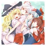  4girls :d :o bangs blonde_hair blue_hair bow brown_hair detached_sleeves dress fujiwara_no_mokou girl_sandwich hair_bow hair_tubes hakurei_reimu hat hug hug_from_behind kamishirasawa_keine kirisame_marisa long_hair multicolored_hair multiple_girls open_mouth overalls pants red_bow red_eyes sandwiched shirt short_sleeves sleeveless sleeveless_dress smile souta_(karasu_no_ouchi) suspenders touhou two-tone_hair white_hair white_shirt witch_hat yellow_eyes 