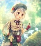  1girl :d arm_at_side blurry blurry_background breloom brown_eyes dress gloves green_dress green_hat hair_bobbles hair_ornament hat index_finger_raised moe_(hamhamham) mushroom open_mouth outdoors personification pokemon pom_pom_(clothes) ponytail pouch red_gloves short_hair smile solo white_hair 