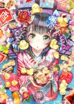  1girl animal animal_on_head bangs bird black_hair blush bowl camellia_(flower) chick chick_on_head chopsticks eyebrows_visible_through_hair fisheye floral_print flower food fruit furisode green_eyes hair_ornament hands_up holding holding_bowl holding_chopsticks holding_food japanese_clothes kanzashi kimono looking_at_viewer mandarin_orange on_head open_mouth original red_kimono seiza sitting solo soramu striped striped_kimono triangle_mouth wide_sleeves year_of_the_rooster zouni_soup 