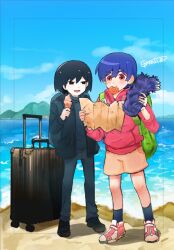  2girls :d :t androgynous artist_name backpack bag beach black_bag black_eyes black_hair black_jacket black_pants black_shoes black_socks black_sweater blue_sky blush bob_cut brown_eyes brown_shorts claws clouds commentary day drawstring eating empty_eyes food full_body garakutaya_(grktya0831) green_bag hair_between_eyes high_tops holding holding_food holding_ice_cream holding_ice_cream_cone holding_limb holding_map hood hood_down hoodie ice_cream ice_cream_cone jacket kanbaru_suruga loafers long_sleeves looking_at_another looking_at_object looking_to_the_side map monogatari_(series) mountainous_horizon mouth_hold multiple_girls narrowed_eyes ocean onsen_symbol open_clothes open_jacket open_mouth oshino_ougi outdoors pale_skin pants pink_hoodie pink_shoes purple_fur purple_hair reading rolling_suitcase sand severed_leg severed_limb shoes short_hair shorts side-by-side signature sky smile sneakers socks steamed_bun suitcase sweater thick_eyebrows tomboy trim_marks turtleneck turtleneck_sweater very_short_hair 
