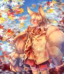  1girl animal_ears autumn_leaves bell blonde_hair blush bow brown_gloves elbow_gloves floral_print fox_tail gloves hair_bow japanese_clothes jingle_bell long_hair moe_(hamhamham) ninetales open_mouth personification pokemon profile red_eyes red_skirt skirt standing tail very_long_hair white_bow wide_sleeves yellow_legwear 
