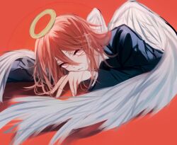  1boy angel_devil_(chainsaw_man) angel_wings chainsaw_man hair_between_eyes halo highres long_hair looking_at_viewer male_focus mimei_(38312fa) red_background red_eyes red_hair simple_background solo traditional_halo wings 