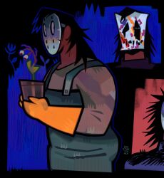  1girl apron artist_name black_background black_hair blood blue_apron blue_overalls brown_shirt collared_shirt constantinnenn cowboy_shot eyeball flower flower_pot gardening gloves green_apron grey_shirt hellen_(look_outside) highres hockey_mask holding long_hair look_outside looking_at_viewer mask messy_hair multiple_views overalls paper plant potted_plant rubber_gloves shirt short_hair solo yellow_gloves 