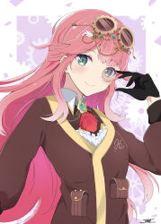 1girl absurdres aivy_lovencraft fanart goggles goggles_on_head green_eyes highres indie_virtual_youtuber jaal_art long_hair looking_at_viewer monocle pink_hair simple_background smile solo virtual_youtuber vtuber vtuberfanart