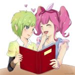  2girls blue_eyes closed_eyes green_hair laughing macross macross_delta makina_nakajima menu multiple_girls naga_megumi pink_hair pointy_ears reina_prowler 