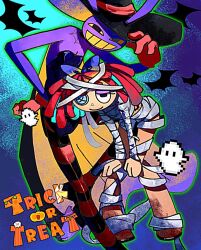  1boy 1girl alternate_costume black_dress black_hat black_pantyhose blue_bow bow button_eyes buttons chinese_commentary colored_teeth commentary crossdressing crossdressing_(mtf) dress english_commentary english_text ghost gloves grin hair_bow halloween hat highres jax_(the_amazing_digital_circus) mixed-language_commentary mummy_costume official_alternate_costume orange_gloves orange_pantyhose pantyhose ragatha_(the_amazing_digital_circus) red_hair short_hair smile strapless strapless_dress striped_clothes striped_pantyhose the_amazing_digital_circus trick_or_treat witch_hat xing_meng yellow_teeth 