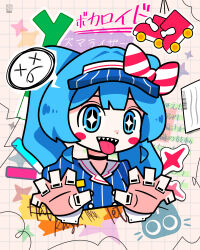  1girl absurdres anbeauty0902 black_nails blue_eyes blue_hair blue_shirt blush_stickers bow choker claw_pose commentary_request hatsune_miku highres long_hair looking_at_viewer mesmerizer_(vocaloid) open_mouth roller_skates sharp_teeth shirt skates solo spoken_expression spring_onion striped_bow striped_clothes striped_shirt teeth tongue tongue_out translation_request twintails visor_cap vocaloid 