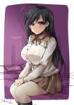  1girl bed black_hair blue_eyes blush breasts character_request girls_und_panzer huge_breasts long_hair looking_at_viewer shinshin skirt thigh-highs 