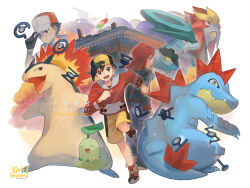  3girls backwards_hat baseball_cap black_gloves black_hair brown_eyes brown_hair chikorita claws closed_eyes entei ethan_(pokemon) fangs feraligatr fire gloves hat highres jacket kikuyoshi_(tracco) long_hair long_sleeves multiple_boys multiple_girls open_mouth pants pokemon pokemon_(creature) pokemon_gsc pokemon_hgss raikou rainbow_feather_(pokemon) red_(pokemon) red_eyes red_hair red_hat red_jacket shirt short_hair shorts silver_(pokemon) smile suicide typhlosion unown unown_! unown_a unown_c unown_g unown_n unown_o unown_r unown_s unown_t yellow_eyes yellow_shorts 