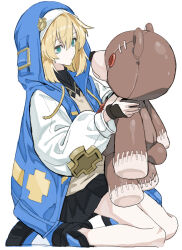  1boy alternate_hair_ornament aqua_eyes bare_legs blonde_hair bridget_(guilty_gear) guilty_gear guilty_gear_strive hair_between_eyes highres holding holding_stuffed_toy male_focus mars_symbol medium_hair nobita_(makoto7060355) pleated_skirt roger_(guilty_gear) simple_background sitting skirt solo stuffed_animal stuffed_toy teddy_bear trap wariza white_background 