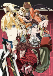  2girls 6+boys axl_low blonde_hair brown_hair chipp_zanuff faust_(guilty_gear) guilty_gear guilty_gear_strive highres holding holding_sword holding_weapon junkyard_dog_mk_iii ky_kiske long_hair may_(guilty_gear) millia_rage mito_anji multiple_boys multiple_girls nobita_(makoto7060355) potemkin_(guilty_gear) red_background short_hair sol_badguy sword weapon white_hair zato-1 