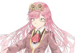 1girl aivy_lovencraft closed_mouth commentary fanart goggles goggles_on_head green_eyes highres indie_virtual_youtuber long_hair monocle pink_hair smile virtual_youtuber vtuber vtuberfanart white_background