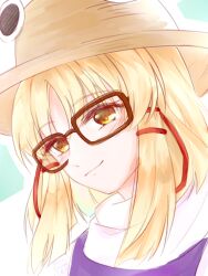  1girl bespectacled blonde_hair brown_hat commentary_request dated gasaisanae glasses hair_ribbon hat highres long_hair looking_at_viewer moriya_suwako partial_commentary portrait purple_vest red_ribbon ribbon sketch smile solo straw_hat touhou tress_ribbon vest yellow_eyes 