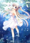  1girl :d absurdres barefoot blonde_hair blue_ribbon breasts collarbone dress floating_hair flower full_body hair_flower hair_ornament hair_ribbon highres komori_kei leaf long_hair looking_at_viewer medium_breasts open_mouth original outdoors outstretched_arm petals ribbon short_dress side_ponytail sleeveless sleeveless_dress smile solo standing sundress very_long_hair wading white_dress white_flower wrist_cuffs 