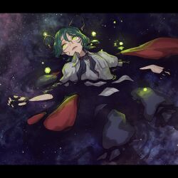  1girl antennae black_cape black_necktie black_shorts breast_pocket cape collared_shirt commentary_request feet_out_of_frame fireflies frown glowing glowing_eyes green_hair hair_between_eyes highres kijima_(amayadori-tei) letterboxed lying necktie on_back open_mouth partially_submerged pocket red_cape red_necktie reflection reflective_liquid shirt short_sleeves shorts sky solo star_(sky) starry_sky sweatdrop touhou twitter_username two-sided_cape two-sided_fabric two-sided_necktie white_shirt wriggle_nightbug 