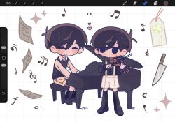  2boys alternate_costume alternate_sleeve_length antenna_hair art_program_in_frame black_eyes black_hair black_shoes black_socks black_sweater_vest black_thighhighs blush bow_(music) brown_shorts closed_eyes closed_mouth commentary double-parted_bangs eighth_note grand_piano hair_between_eyes highres holding holding_bow_(music) holding_instrument holding_violin instrument knife loafers looking_at_another male_focus multiple_boys music musical_note omori omori_(omori) omorivv open_mouth piano piano_bench playing_instrument playing_piano shoes short_hair shorts sitting smile socks sunny_(omori) suspender_shorts suspenders sweater_vest thigh-highs treble_clef untranslatable_commentary violin white_shorts 