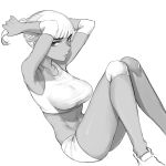  1girl armpits arms_up breasts elbow_pads greyscale knee_pads large_breasts leaning_back midriff monochrome navel original pokan_(xz1128) ponytail shirt short_ponytail short_shorts shorts simple_background sitting solo taut_clothes taut_shirt tying_hair white_background 