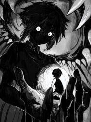  2boys antenna_hair bare_arms bare_shoulders blurry carrying carrying_person collared_shirt cupping_hands depth_of_field double-parted_bangs flipped_hair foreshortening full_body glowing glowing_eyes grey_background greyscale hair_between_eyes hashtag-only_commentary highres looking_at_another looking_down male_focus monochrome multiple_boys no_mouth omori omori_(omori) own_hands_together raddy_358 sharp_teeth shirt short_hair short_sleeves shorts sidelocks simple_background sitting something_(omori) stranger_(omori) striped_clothes striped_shorts sweater_vest tank_top teeth thigh-highs upper_body vertical-striped_clothes vertical-striped_shorts wariza 