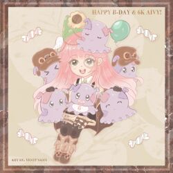 1girl aivy_lovencraft closed_eyes craftito english_commentary english_text fanart green_eyes highres indie_virtual_youtuber long_hair monocle open_mouth pink_hair simple_background smile spanish_commentary virtual_youtuber vtuber vtuberfanart yes_its_amy