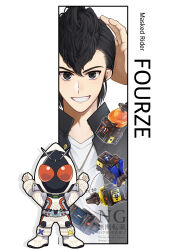  1boy absurdres astro_switch black_eyes black_hair black_jacket bodysuit commentary_request helmet highres jacket kamen_rider kamen_rider_fourze_(base_states) kamen_rider_fourze_(series) kisaragi_gentarou ssami_vv white_bodysuit white_helmet 