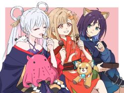  3girls :t ^_^ animal_ears bare_shoulders blonde_hair cho_kaguya-hime! closed_eyes closed_mouth clothing_cutout colored_inner_hair commentary crescent crescent_cutout crescent_hair_ornament criss-cross_halter eating food food_request fox_ears fox_girl fushi_(cho_kaguya-hime!) green_eyes grin hair_ornament hair_rings hair_stick halterneck highres holding holding_food ini_yoy inudoge japanese_clothes kaguya_(cho_kaguya-hime!) kimono medium_hair multicolored_hair multiple_girls off_shoulder orange_eyes pink_background purple_hair red_kimono runami_yachiyo sakayori_iroha simple_background sitting smile stomach_cutout white_hair 