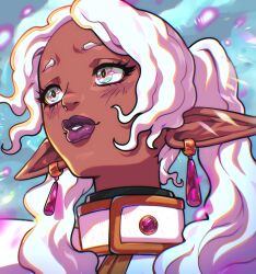  1girl absurdres alternate_skin_color cinnabarbie dark-skinned_female dark_skin earrings elf frieren highres jewelry long_hair pointy_ears portrait solo sousou_no_frieren white_hair 