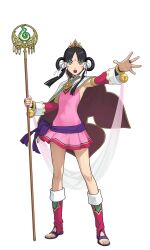  1girl ace_attorney black_hair boots cape detached_sleeves dress facial_mark forehead_mark full_body green_eyes hair_ribbon hair_rings hand_up highres holding holding_staff long_hair looking_at_viewer magatama official_art open-toe_boots open_hand outstretched_arm parted_bangs phoenix_wright:_ace_attorney_-_spirit_of_justice pink_dress rayfa_padma_khura'in red_boots red_sleeves ribbon second-party_source shakujou short_dress sidelocks simple_background solo staff standing tachi-e tiara transparent_background white_ribbon 