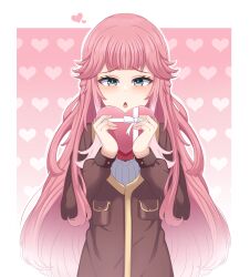 1girl absurdres aivy_lovencraft blush embarrassed fanart green_eyes highres indie_virtual_youtuber june_176 long_hair pink_hair simple_background solo spanish_commentary valentine virtual_youtuber vtuber vtuberfanart