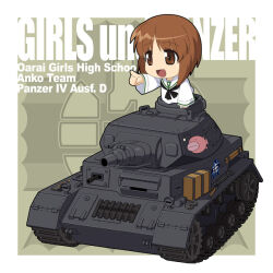 1girl anglerfish black_neckerchief brown_eyes brown_hair chibi copyright_name emblem fish girls_und_panzer military_vehicle monkey_ears monkey_girl motor_vehicle neckerchief nishizumi_miho ooarai_(emblem) ooarai_school_uniform panzer_iv pointing sailor_collar school_uniform serafuku shirt short_hair solo tank tank_cupola tank_turret white_sailor_collar white_shirt yuichirou