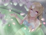  1girl blonde_hair blurry cherry_blossoms collarbone depth_of_field hand_on_own_chest highres long_hair looking_up naginagiwaffle naked_towel onsen open_hand original partially_submerged petals ponytail sitting smile solo towel violet_eyes 