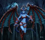  1girl abs armor artist_name blue_hair blue_skin claws defense_of_the_ancients demon_girl demon_tail demon_wings dota_2 forest gauntlets gem green_eyes highres hooves horns mcrc_science monster_girl muscle muscular_female nature night night_stalker_(dota) revealing_clothes standing standing_on_one_leg star_(sky) tail torn_wings wings 