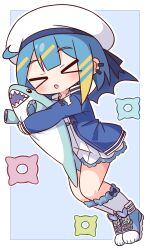  >_< 1girl :o absurdres blonde_streaks blue_hair blue_jacket blue_shoes blue_wings blunt_bangs blush border commentary_request double-parted_bangs dress duel_monster facing_viewer full_body grey_socks hana_kazari hat highres holding holding_stuffed_toy jacket kneehighs lil-la_(yu-gi-oh!) live_twin_lil-la long_sleeves multicolored_hair open_clothes open_jacket open_mouth outline outside_border shoes short_dress short_hair simple_background socks solo streaked_hair stuffed_animal stuffed_shark stuffed_toy white_border white_dress white_hat white_outline wings yu-gi-oh! 