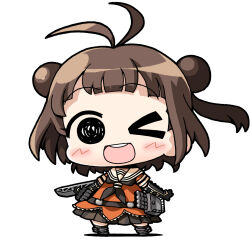  1girl antenna_hair black_gloves black_neckerchief black_skirt brown_hair chibi chibi_only double_bun gloves hair_bun kantai_collection naka_(kancolle) neckerchief one_eye_closed open_mouth orange_shirt rigging round_teeth sailor_collar sailor_shirt school_uniform serafuku shirt short_hair simple_background skirt solid_oval_eyes solo standing teeth torpedo_launcher upper_teeth_only white_background white_sailor_collar yagumo_kengou 