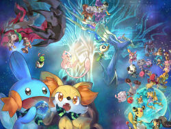  absurdres ampharos animal_ears apple archen audino bare_tree beheeyem buizel bunnelby carracosta cat_ears cat_tail closed_eyes commentary_request dedenne deerling deerling_(spring) entei espurr fangs farfetch'd fennekin food fox_ears fruit goomy green_neckerchief highres jirachi mawile mew_(pokemon) mudkip neckerchief nuzleaf orange_eyes pancham pokemon pokemon_(creature) pokemon_focus pokemon_mystery_dungeon pokemon_super_mystery_dungeon raikou shelmet simipour sora_(sorakuuhaku) sparkle star_(sky) suicune swirlix tail tree watchog xatu xerneas yveltal 