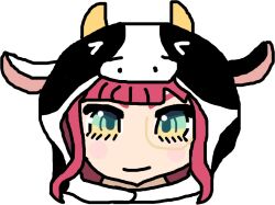 1girl aivy_lovencraft animal_ears animal_print blush commentary cow_ears cow_girl cow_print english_commentary fanart green_eyes indie_virtual_youtuber long_hair monocle pink_hair simple_background smile solo virtual_youtuber vtuber vtuberfanart white_background xz_milo