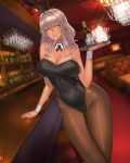  animal_ears bar bottle breasts bunnysuit chandelier cup daglasses drinking_glass erect_nipples hand_on_table highres large_breasts looking_at_viewer lounge original pantyhose rabbit_ears silver_hair tan thick_thighs thighs wine_bottle wine_glass yellow_eyes 