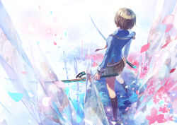  1girl absurdres aikawa_megumi arms_at_sides asakura_karen_(heaven_burns_red) black_socks blonde_hair blue_jacket brown_skirt coluel commentary crystal dual_wielding falling_petals fighting_stance from_behind full_body hair_ornament hairclip heaven_burns_red highres holding holding_sword holding_weapon izumi_yuki_(heaven_burns_red) jacket kayamori_ruka kneehighs kunimi_tama long_sleeves miniskirt parallel_hairclips petals plaid_clothes plaid_skirt pleated_skirt reflection ripples short_hair skirt socks solo standing sword team_31a_(heaven_burns_red) toujou_tsukasa water weapon 