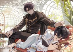  2boys alternate_costume barefoot black_coat black_eyes black_hair book coat curtained_hair day from_below full_body gold_trim grin holding holding_book indoors keomikan kim_dokja lapel_chain morning multiple_boys omniscient_reader's_viewpoint open_book outstretched_arm short_hair sitting smile white_coat window_light yoo_joonghyuk 