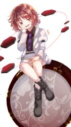  1girl :d black_boots black_shirt boots collared_shirt commentary_request drum drumsticks full_body hand_on_own_cheek hand_on_own_face highres holding holding_drumsticks horikawa_raiko instrument jacket long_sleeves looking_at_viewer matsukuzu necktie open_mouth purple_necktie red_eyes red_hair shirt short_hair signature simple_background sitting skirt smile solo touhou white_background white_jacket white_skirt 