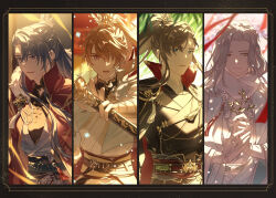  4boys artem_wing_(tears_of_themis) blue_eyes branch brown_eyes brown_hair bud chinese_clothes closed_mouth column_lineup commentary_request hair_over_one_eye hanfu highres holding holding_branch holding_sword holding_weapon koeda_(k83_4) long_hair long_sleeves looking_at_viewer luke_pearce_(tears_of_themis) male_focus marius_von_hagen_(tears_of_themis) multiple_boys open_mouth ponytail purple_hair revision sword tears_of_themis violet_eyes vyn_richter_(tears_of_themis) weapon white_hair yellow_eyes 