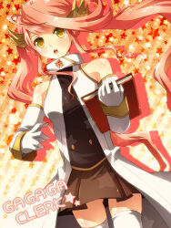  1girl blush book brown_skirt commentary_request detached_sleeves duel_monster gagaga_clerk gloves hair_ornament holding holding_book long_hair mugicha_(sukimachaya) open_mouth orange_hair skirt thigh-highs white_gloves white_thighhighs yellow_eyes yu-gi-oh! yu-gi-oh!_zexal 