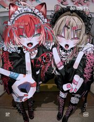  2girls ahoge akami_karubi alternate_costume animal_ears artist_name bandaid bandaid_on_finger bandaid_on_hand belt black_boots black_gloves black_jacket boots brown_hair cat_ears choker commentary cone_hair_bun crazy_raccoon double_bun fangs fingerless_gloves fishnet_pantyhose fishnets foreshortening from_above full_body gloves green_eyes hair_between_eyes hair_bun hair_intakes hair_ornament hairclip highres jacket jewelry knee_boots long_hair long_sleeves maid_headdress makaino_ririmu multicolored_hair multiple_girls nijisanji open_mouth outstretched_arm pantyhose pink_eyes pink_nails pink_ribbon punk red_hair red_ribbon ribbon ring smile spiked_choker spikes streaked_hair thigh_belt thigh_strap two_side_up untranslatable_commentary v virtual_youtuber xdoxa89 
