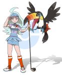  1girl :&lt; adjusting_clothes adjusting_hat ahoge aqua_hair beak belt bird bird_tail bird_wings blue_hat blue_skirt breasts buttons closed_mouth collared_shirt elite_four eyelashes facing_viewer feathered_wings feathers frown full_body golf_club hat highres holding_golf_club kahili_(pokemon) kneehighs lavender_eyes long_hair looking_at_viewer medium_breasts miniskirt mole mole_under_eye official_style open_mouth orange_legwear pencil_skirt pin poke_ball pokemon pokemon_(game) pokemon_sm shadow shirt shoes short_sleeves silver_belt simple_background skirt standing striped striped_shirt tail talons tareme teru_zeta toucan visor_cap white_background white_shoes wings 