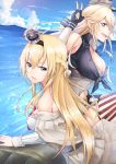 28aarts 2girls absurdres american_flag_legwear bare_shoulders blonde_hair blue_eyes braid breasts cleavage crown fingerless_gloves garter_straps gloves hairband headgear highres iowa_(kantai_collection) kantai_collection large_breasts long_hair long_sleeves looking_at_viewer md5_mismatch mini_crown multiple_girls open_mouth star star-shaped_pupils symbol-shaped_pupils thigh-highs warspite_(kantai_collection) 