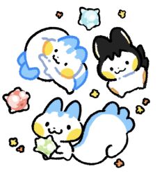  black_eyes closed_mouth emolga full_body highres holding minior minior_(core) minior_(green_core) minior_(indigo_core) minior_(red_core) namyu_usa no_humans pachirisu pokemon pokemon_(creature) pokemon_focus simple_background smile squirrel star_(symbol) white_background 