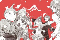  1girl 4boys :3 ahoge animal arm_belt bag belt belt_buckle bird blazer blunt_ends blush_stickers bob_cut breast_pocket buckle business_suit buttons checkered_clothes checkered_scarf cigarette clenched_hand clenched_hands closed_mouth collared_jacket collared_shirt commentary_request cowboy_shot crest danganronpa_(series) danganronpa_v3:_killing_harmony dove dress_pants fake_horns floating_clothes from_behind gem_hair_ornament glasses gokuhara_gonta greyscale_with_colored_background grin hair_between_eyes hair_ornament hairclip hand_on_own_head hand_on_own_hip happy hat height_difference helmet high_collar highres holding holding_unworn_clothes holding_unworn_hat horned_helmet horns hoshi_ryoma jacket lapels layered_sleeves leather leather_jacket light_blush long_eyelashes long_hair long_sleeves looking_at_another messy_hair miniskirt mouth_hold multiple_belts multiple_boys necktie notched_lapels oma_kokichi open_clothes open_jacket outstretched_arm pants pantyhose pinstripe_jacket pinstripe_pants pinstripe_pattern pleated_skirt pocket red_background round_eyewear saihara_shuichi scarf shirt short_hair short_male shoulder_bag skirt sleeve_cuffs smile striped_clothes striped_pants suit sweater_vest teeth triangle unworn_hat unworn_headwear upper_teeth_only v-neck very_long_hair witch_hat wrist_belt yamo_(hatimori1220) yumeno_himiko zipper zipper_pull_tab 