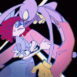  1boy 1girl absurdres animal_ears black_background blue_dress button_eyes buttons dress furry furry_male gloves gun gun_to_head highres holding holding_gun holding_weapon jax_(the_amazing_digital_circus) overalls pink_overalls rabbit_ears rabbit_tail ragatha_(the_amazing_digital_circus) red_hair short_hair tail the_amazing_digital_circus weapon xing_meng yellow_gloves 