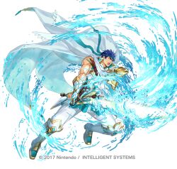  1boy armor blue_eyes blue_hair blue_headband blue_tunic cape commentary_request feathers fighting_stance fingerless_gloves fire_emblem fire_emblem:_radiant_dawn fire_emblem_heroes gloves headband holding holding_sword holding_weapon ike_(fire_emblem) ike_(vanguard_legend)_(resplendent)_(fire_emblem) kuroba.k male_focus muscular muscular_male official_alternate_costume open_mouth pants popped_collar ragnell scarf short_hair simple_background solo sword tunic weapon white_cape white_gloves white_pants white_scarf 