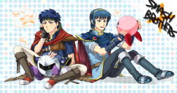  2boys blue_eyes blue_hair commentary_request creature fire_emblem fire_emblem:_mystery_of_the_emblem fire_emblem:_path_of_radiance green_headband headband heart holding holding_creature ike_(fire_emblem) itsuki_(nightlight) kirby kirby_(series) male_focus marth_(fire_emblem) mask meta_knight multiple_boys sitting spoken_heart super_smash_bros. tiara 